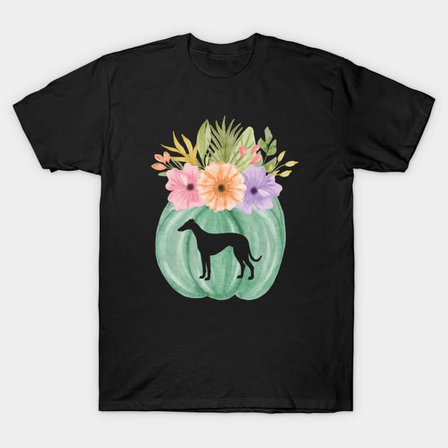 Greyhound Teal Pumpkin with Fall Flowers T-Shirt by Houndie Love